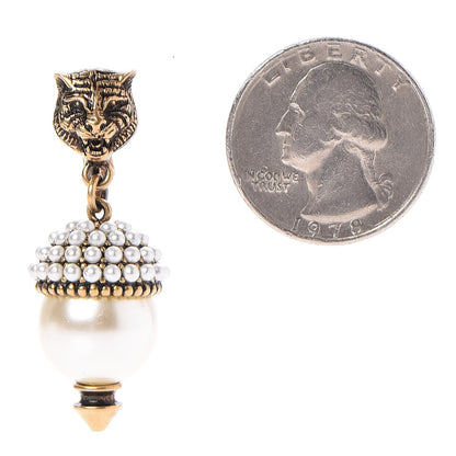Gucci Metal Resin Pearl Feline Clip On Earrings Aged Gold 2 of 5