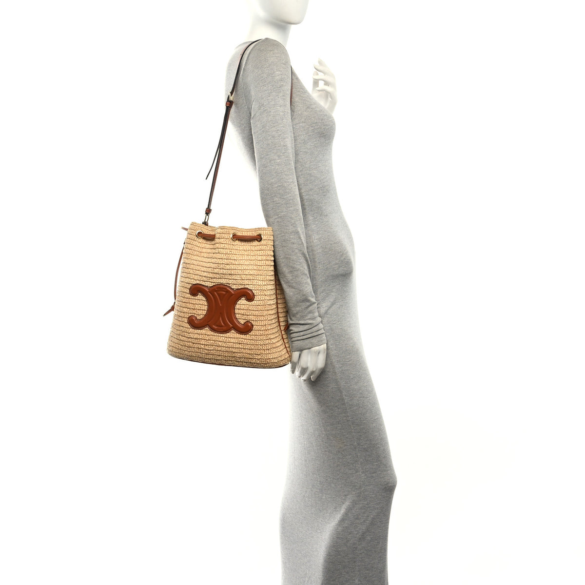 Raffia Calfskin Triomphe Drawstring Bucket Natural Tan