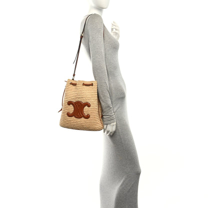 Celine Raffia Calfskin Triomphe Drawstring Bucket Natural Tan 2 of 11