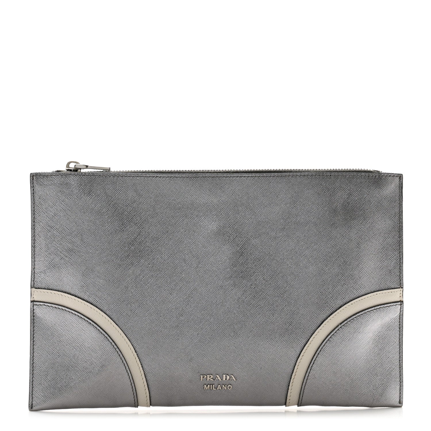 Prada Metallic Saffiano Hand Strap Clutch Silver 1 of 10