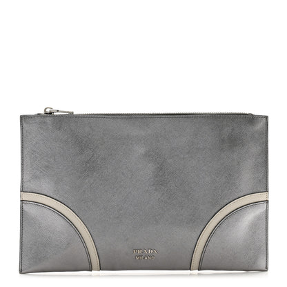 Prada Metallic Saffiano Hand Strap Clutch Silver 1 of 10