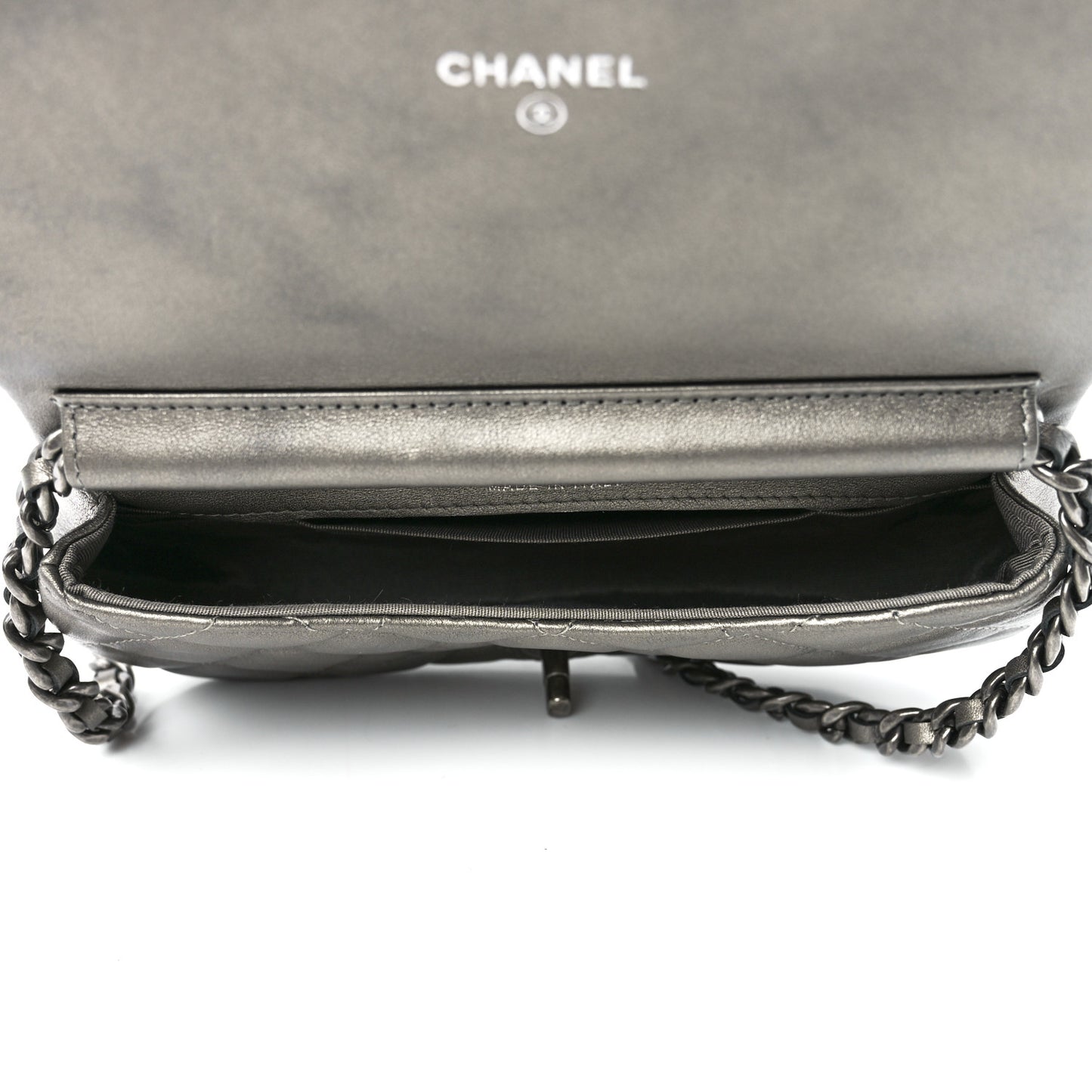 Metallic Calfskin Quilted Flap Clutch With Chain Ruthenium