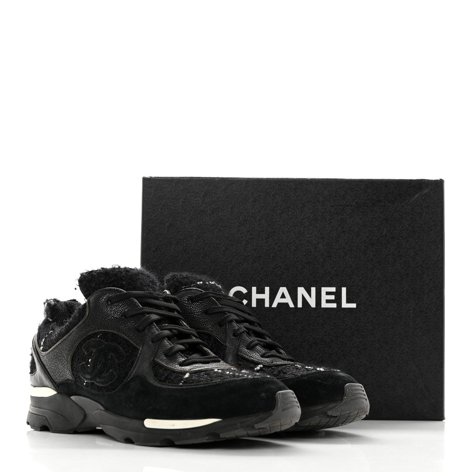 Chanel Tweed Suede Goatskin CC Sneakers 39 Black White 22 of 22
