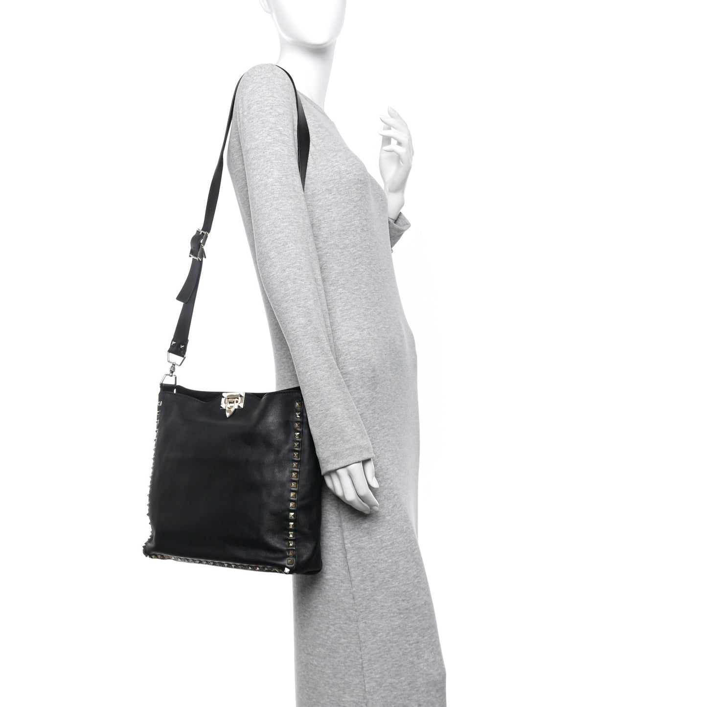 Vitello Calfskin Small Rockstud Flip-Lock Messenger Bag Black