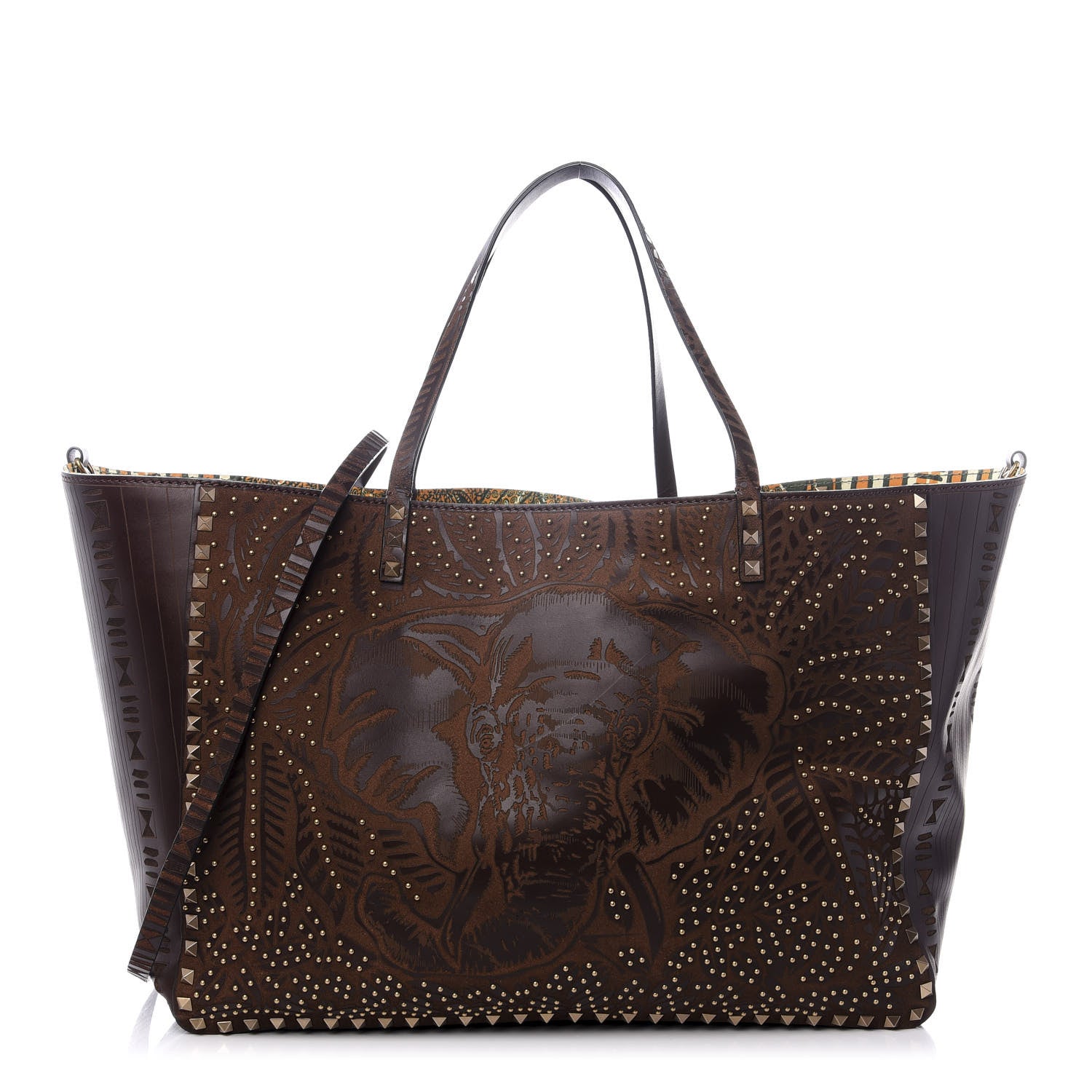 Valentino Garavani Calfskin Canvas Elephant Embossed Medium Rockstud Reversible Tote Brown 1 of 16