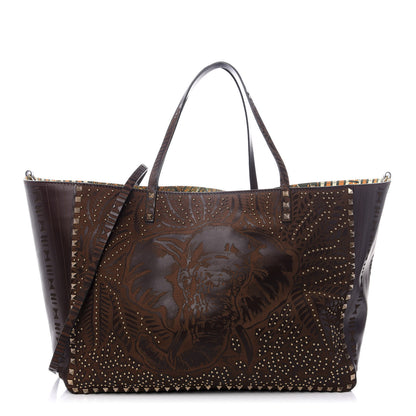 Valentino Garavani Calfskin Canvas Elephant Embossed Medium Rockstud Reversible Tote Brown 1 of 16
