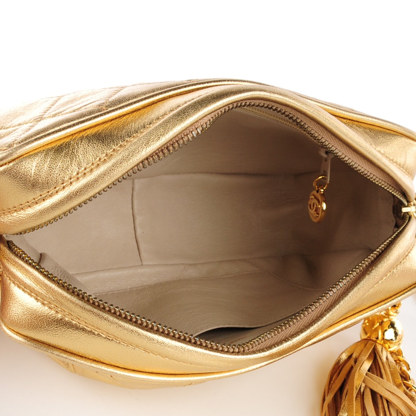 Metallic Lambskin Quilted Small Tassel Camera Case Gold