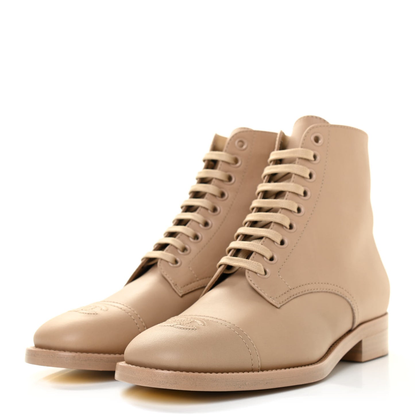 Calfskin Cap Toe CC Lace Up Boots 36 Beige