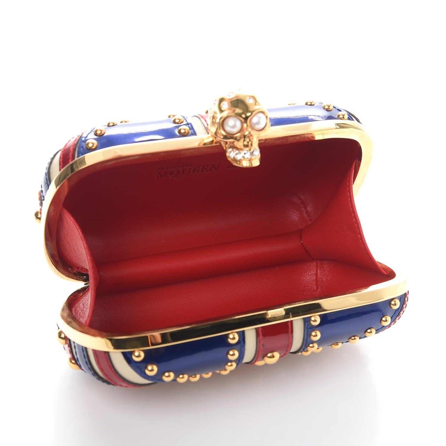 Alexander McQueen Patent Calfskin Studded Britannia Skull Box Clutch Red Blue 5 of 7
