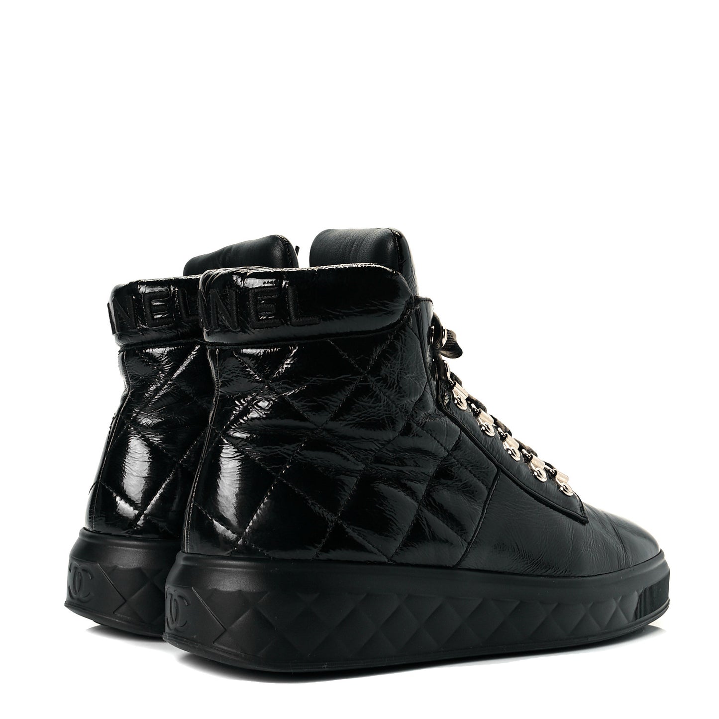 Patent Calfskin Quilted Womens High Top Sneakers 40 Black