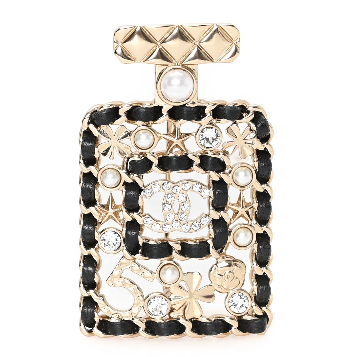 Lambskin Pearl Quilted Chain CC Perfume Bottle Brooch Gold