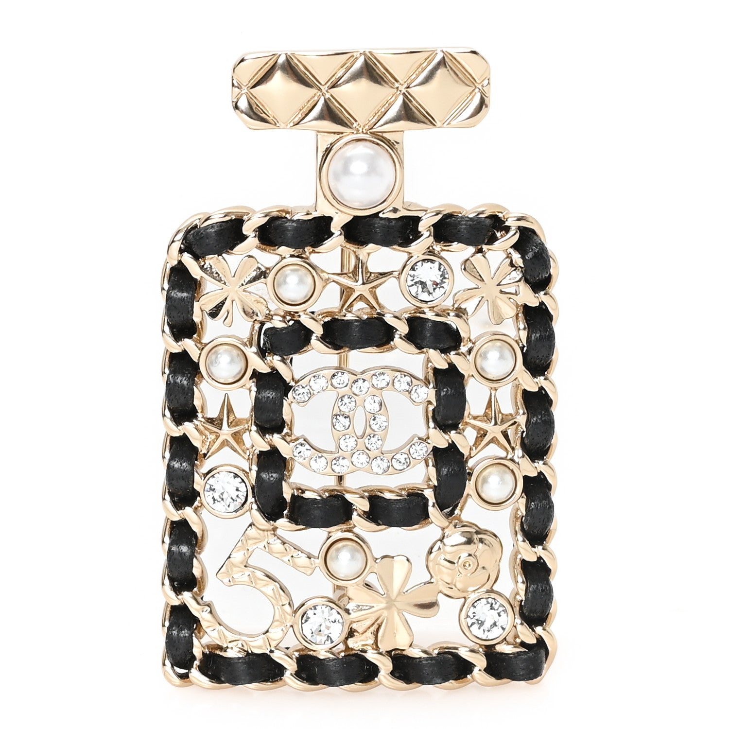 Chanel Lambskin Pearl Quilted Chain CC Perfume Bottle Brooch Gold 1 of 4