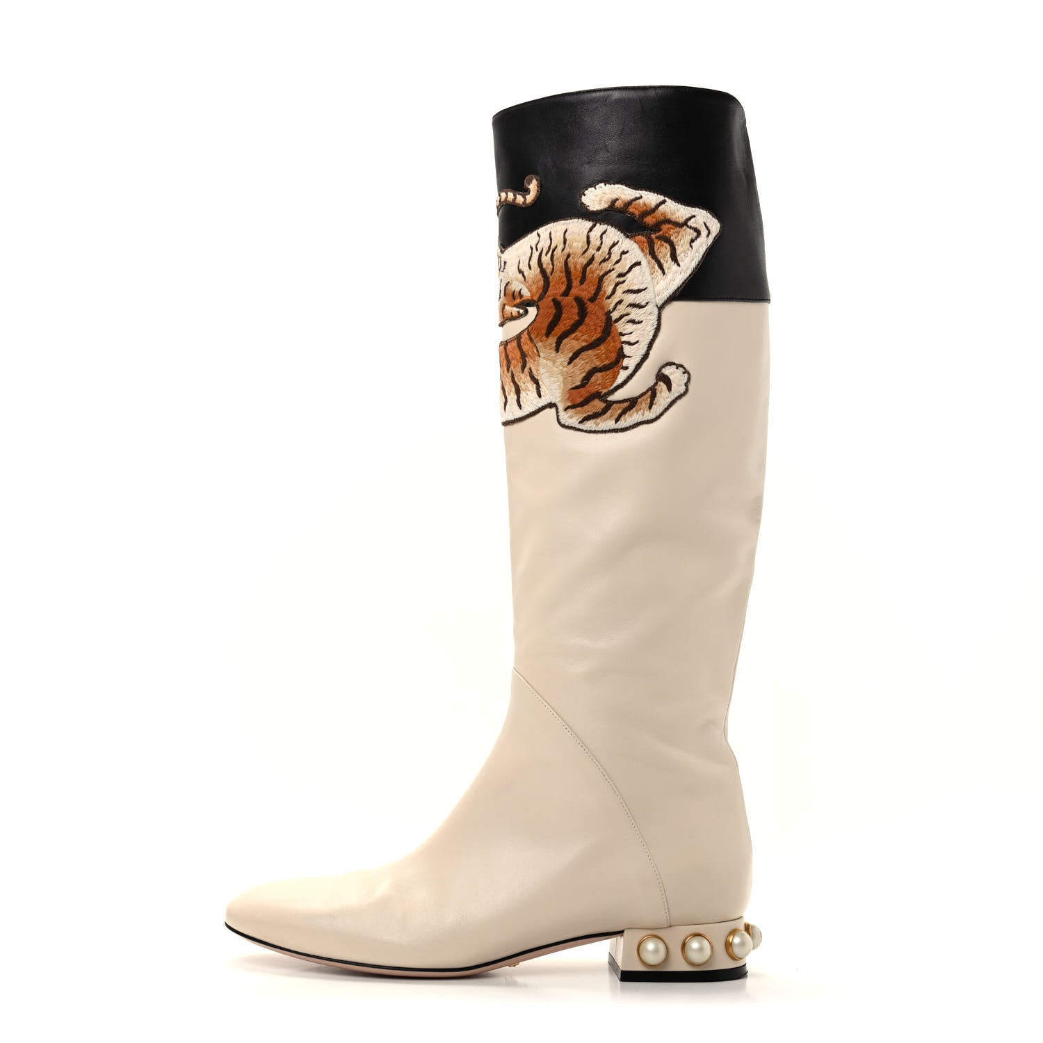Gucci Nappa Pearl Tiger Embroidered Knee High Boots 37 Mystic White Black 1 of 10
