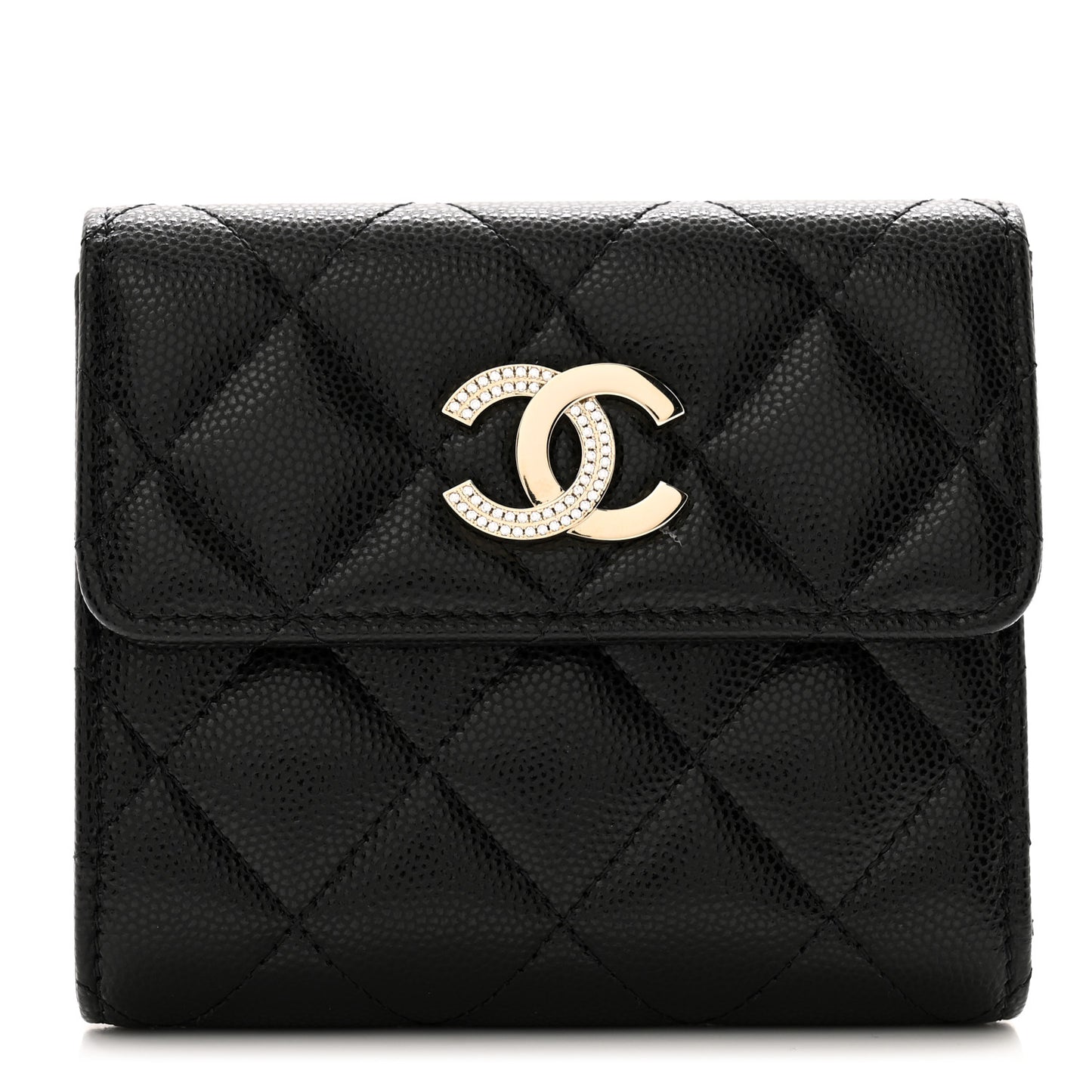 Caviar Crystal Quilted Small Flap Wallet Black