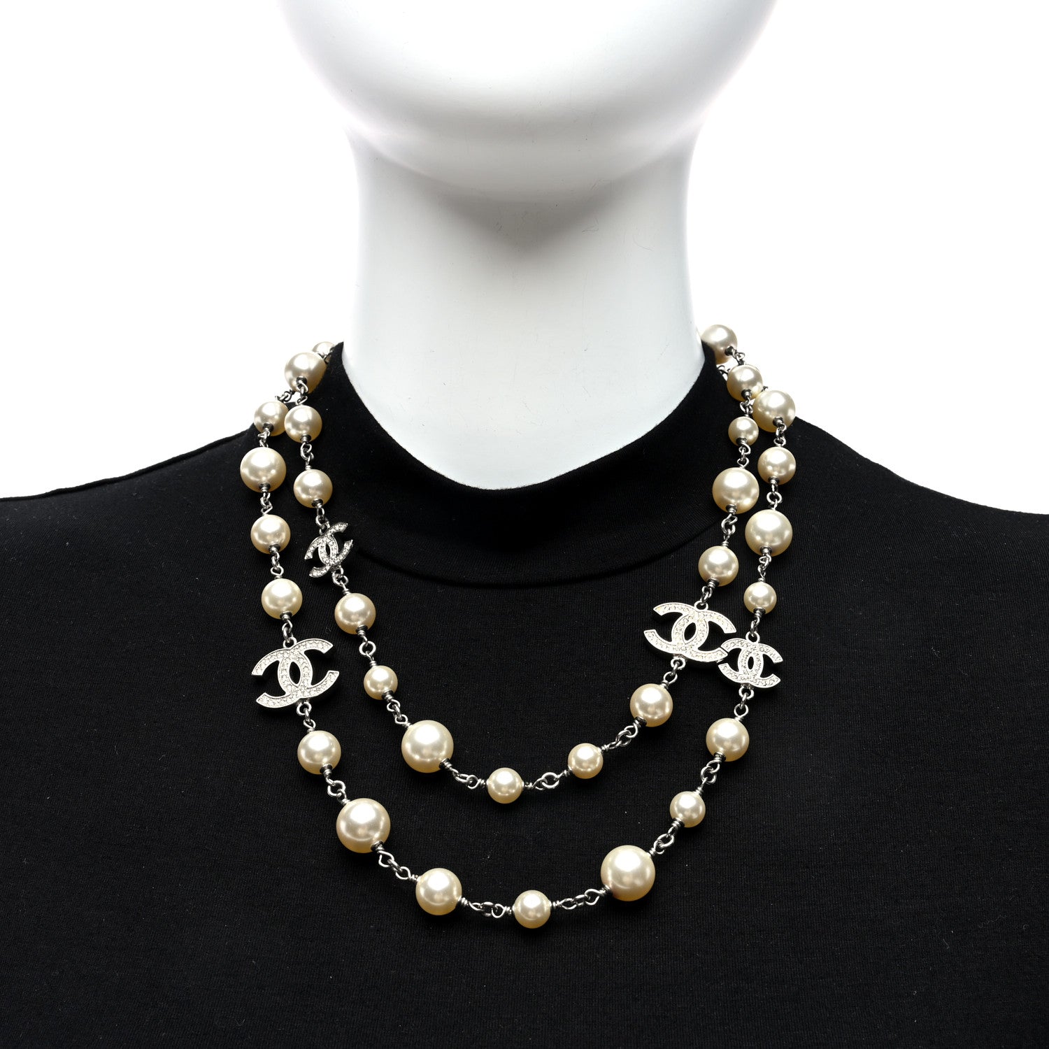 Chanel Crystal Pearl CC Long Necklace Silver 2 of 4