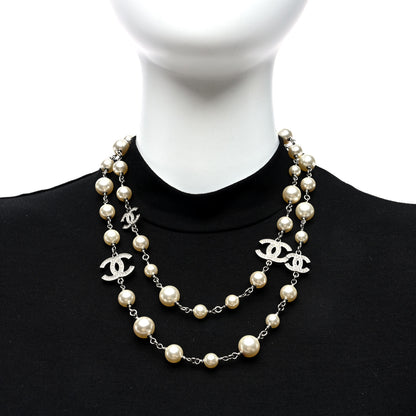 Chanel Crystal Pearl CC Long Necklace Silver 2 of 4