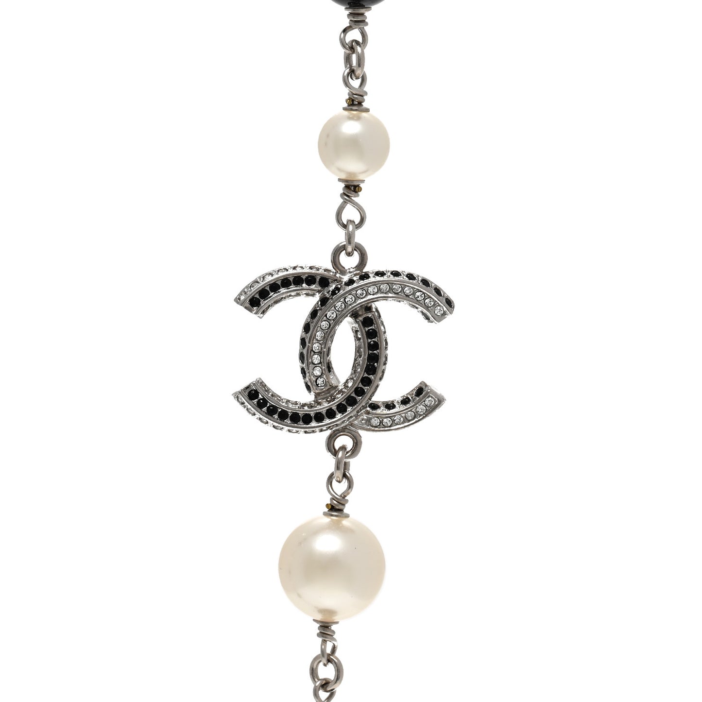 Pearl Crystal Bead CC Long Necklace Silver Black