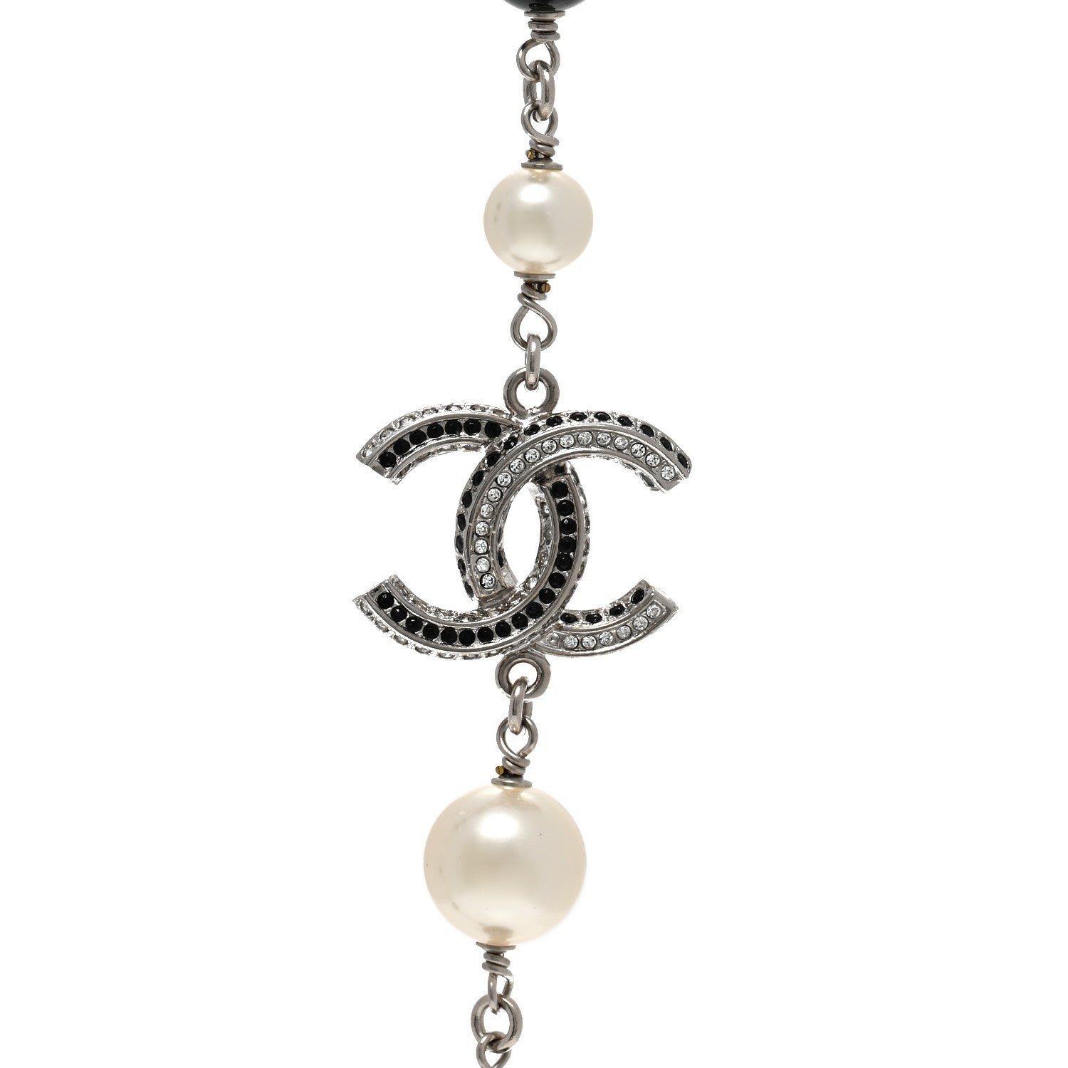 Chanel Pearl Crystal Bead CC Long Necklace Silver Black 4 of 6