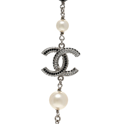 Chanel Pearl Crystal Bead CC Long Necklace Silver Black 4 of 6