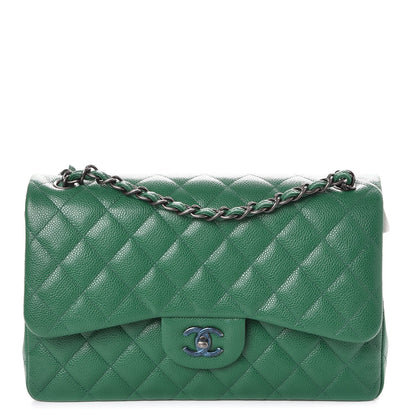 Chanel Caviar Quilted Jumbo Double Flap Green 1 of 9