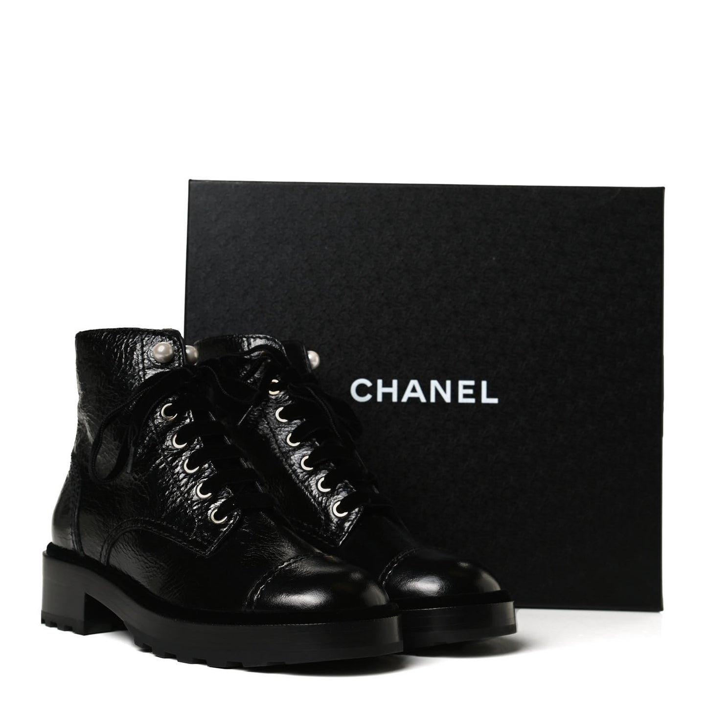 Shiny Calfskin Velvet Pearl Combat Short Boots 37 Black