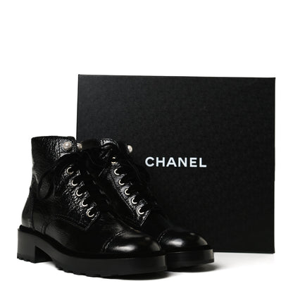 Chanel Shiny Calfskin Velvet Pearl Combat Short Boots 37 Black 12 of 12