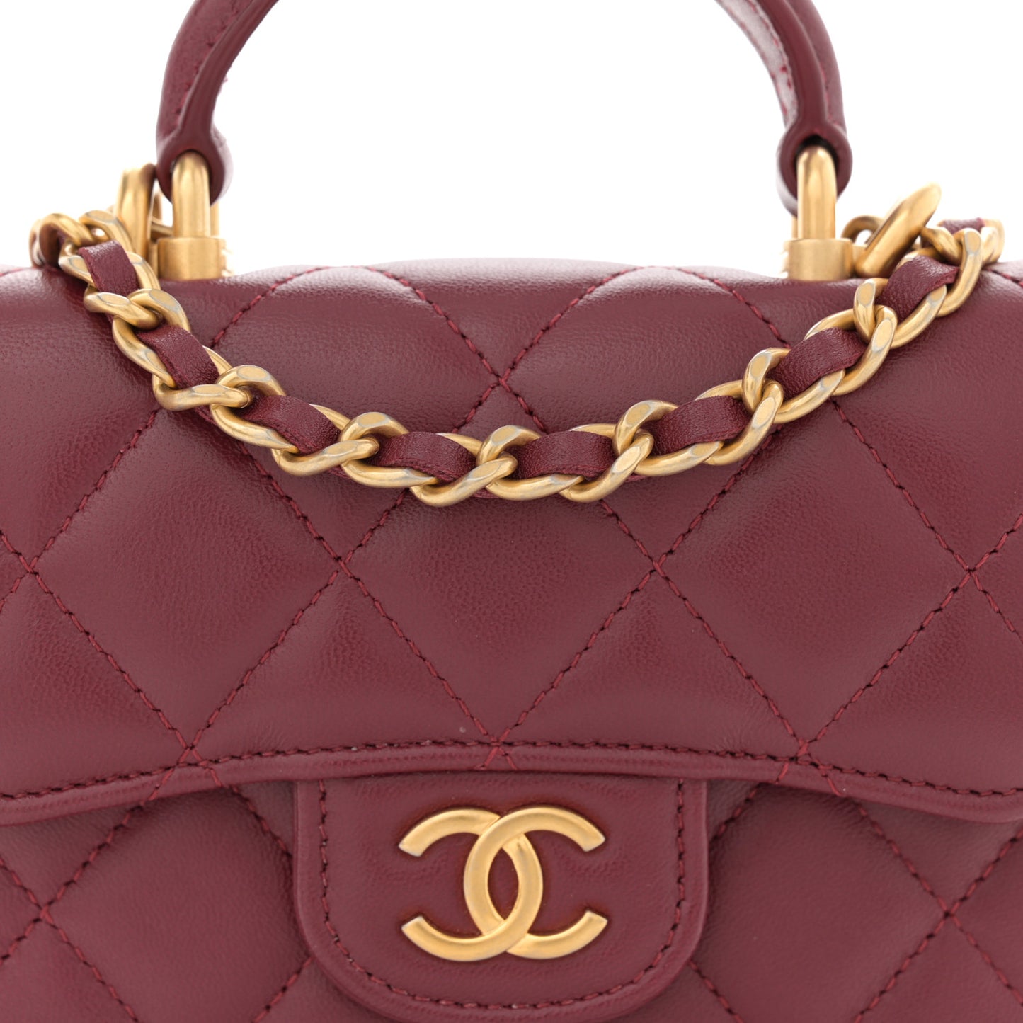 Lambskin Quilted Top Handle Flap Coin Purse With Chain Burgundy