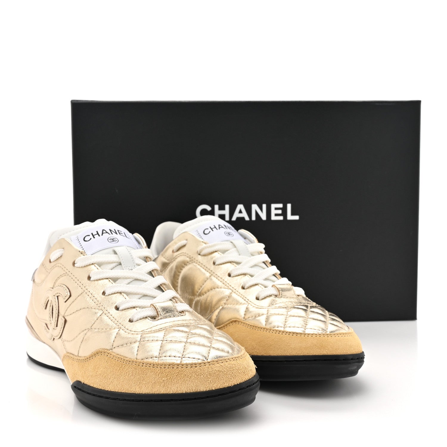 Chanel Laminated Calfskin Suede Quilted Womens CC Sneakers 37 Gold