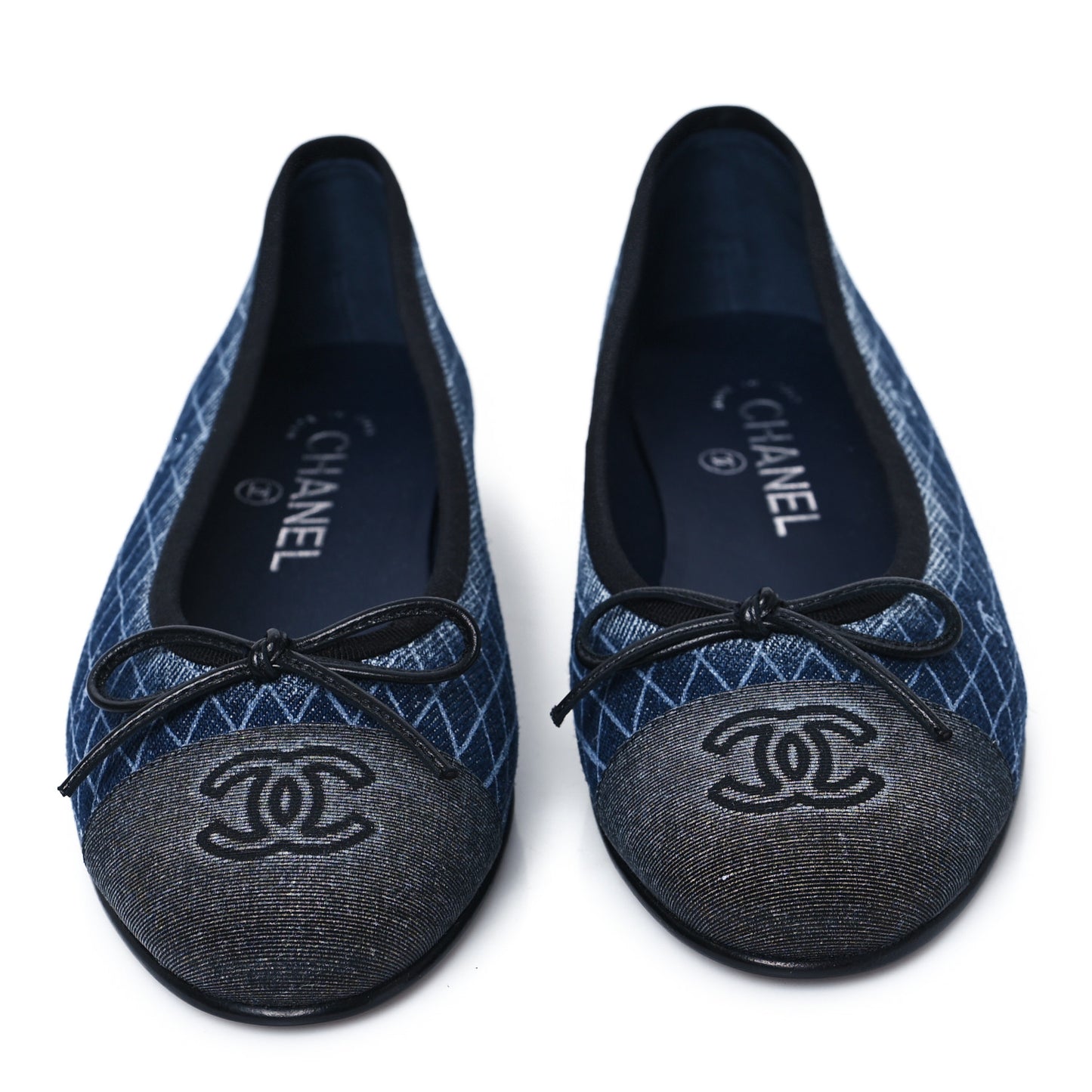 Denim Printed Quilt CC Cap Toe Ballerina Flats 36.5 Navy Blue Dark Grey