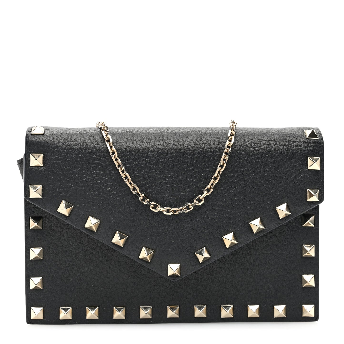 Pebbled Calfskin Rockstud Envelope Wallet on Chain Black
