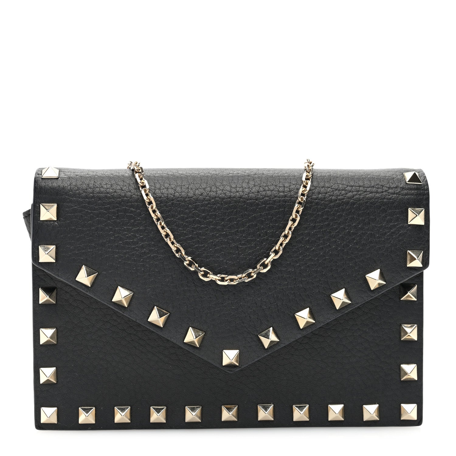 Valentino Garavani Pebbled Calfskin Rockstud Envelope Wallet on Chain Black 1 of 9