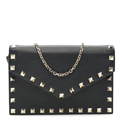 Valentino Garavani Pebbled Calfskin Rockstud Envelope Wallet on Chain Black 1 of 9