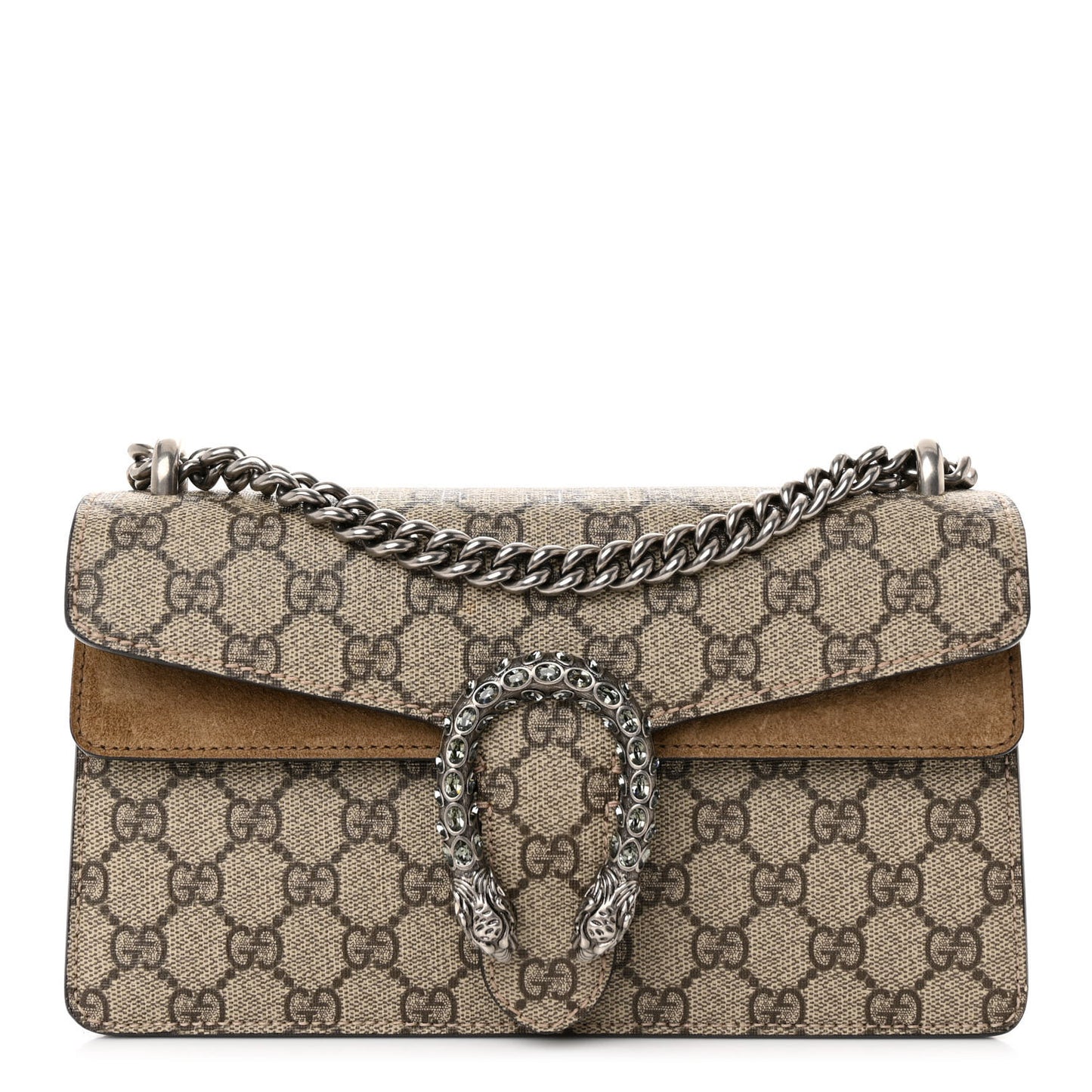 GG Supreme Monogram Suede Crystal Small Dionysus Shoulder Bag Beige Ebony Taupe