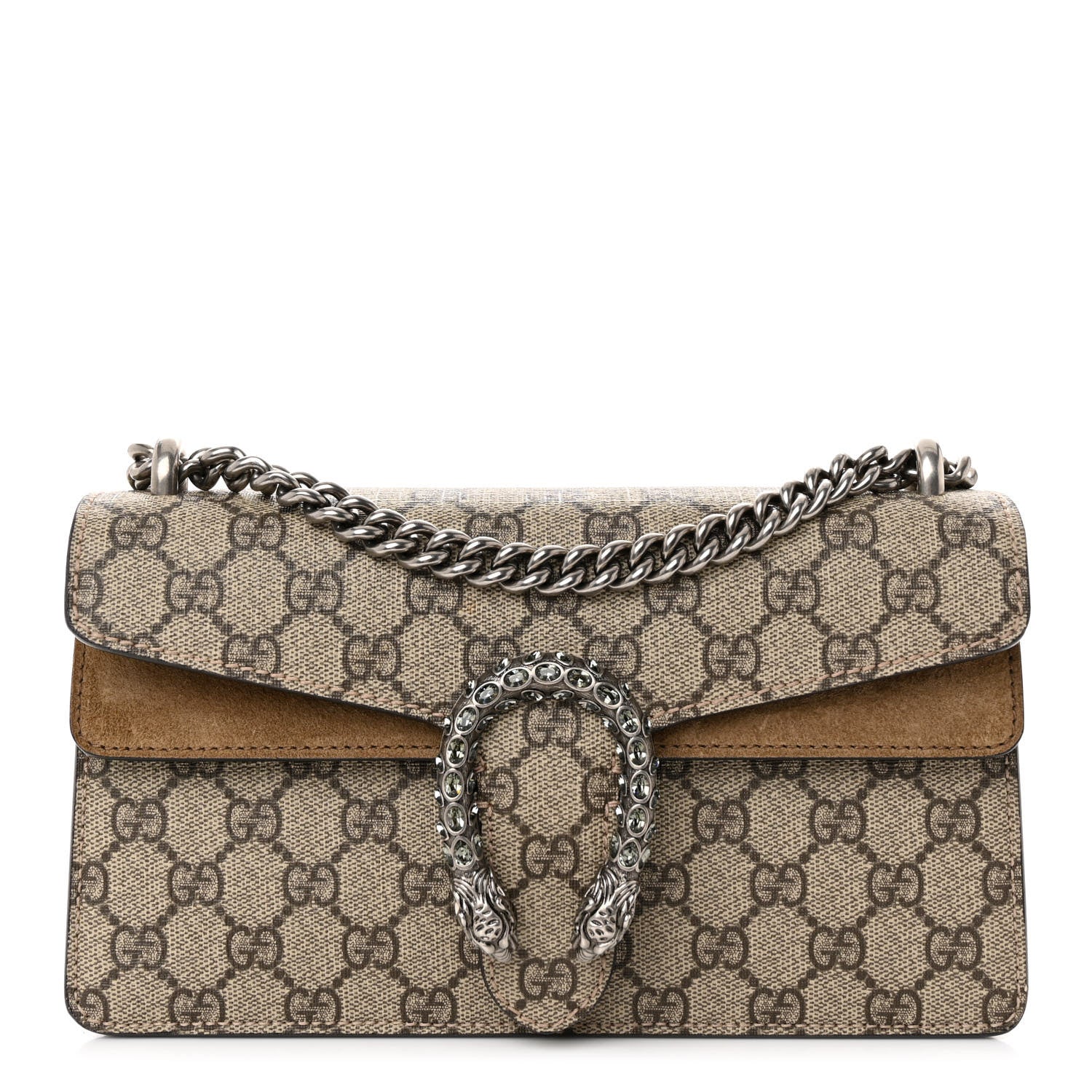 Gucci GG Supreme Monogram Suede Crystal Small Dionysus Shoulder Bag Beige Ebony Taupe 1 of 12