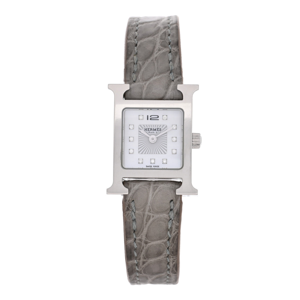 Stainless Steel Alligator Diamond Mother of Pearl 17.2mm Heure H Hour Quartz Watch Gris Perle