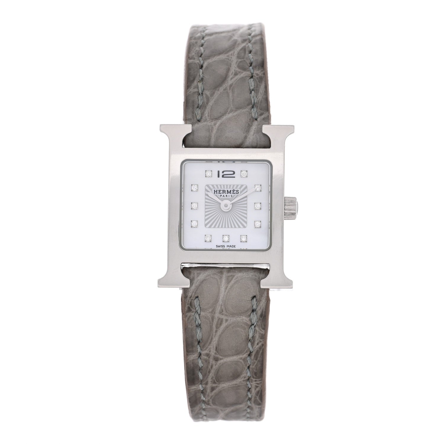 Hermes Stainless Steel Alligator Diamond Mother of Pearl 17.2mm Heure H Hour Quartz Watch Gris Perle 1 of 5