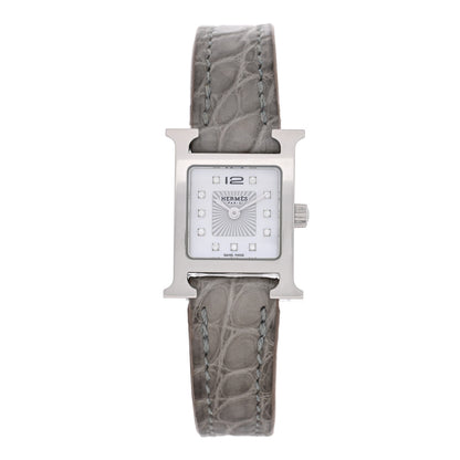 Hermes Stainless Steel Alligator Diamond Mother of Pearl 17.2mm Heure H Hour Quartz Watch Gris Perle 1 of 5