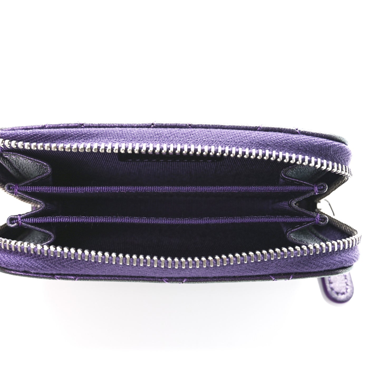 Metallic Lambskin Quilted Zip Around Coin Purse Wallet Dark Purple