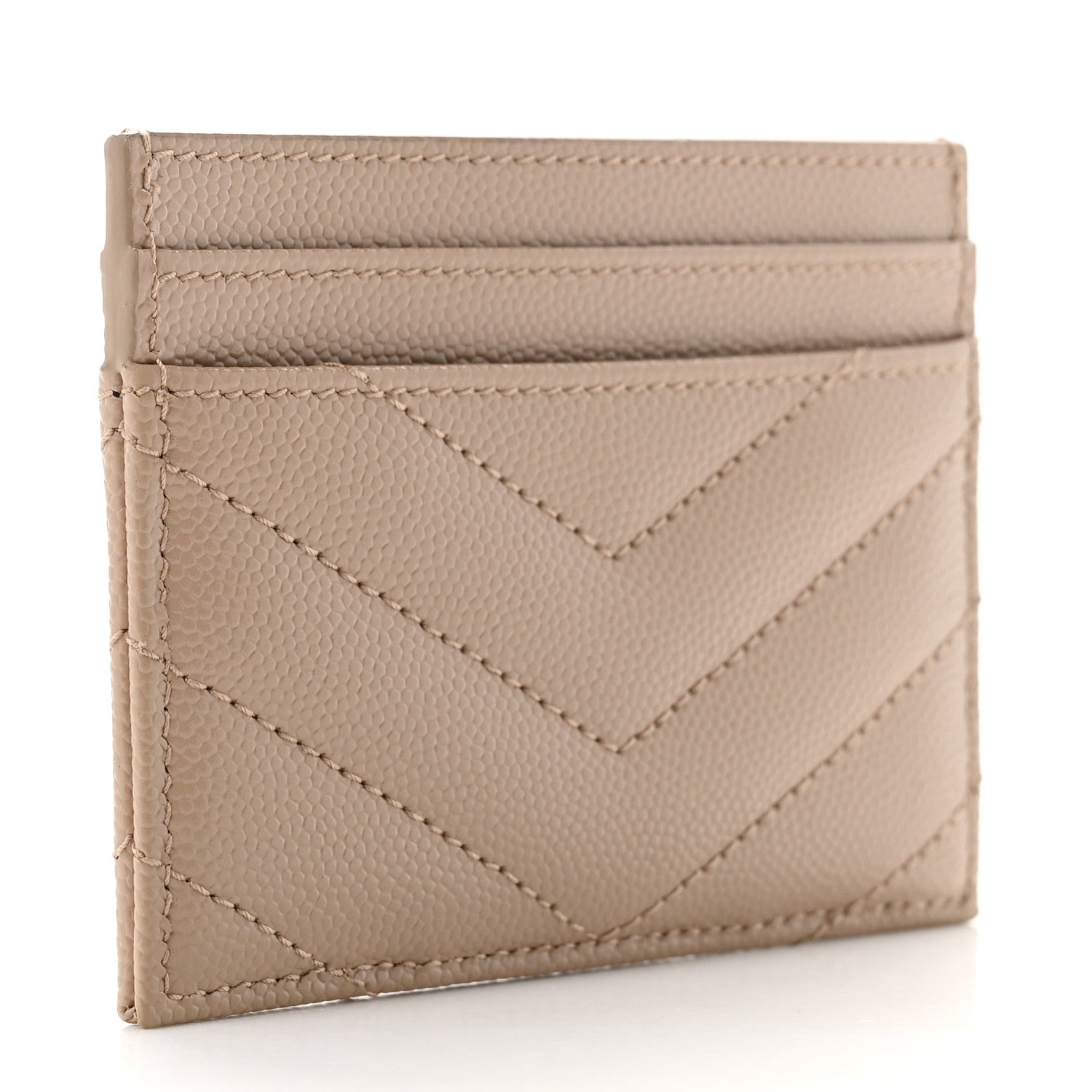 Saint Laurent Grain De Poudre Matelasse Chevron Monogram Credit Card Case Dark Beige 3 of 7