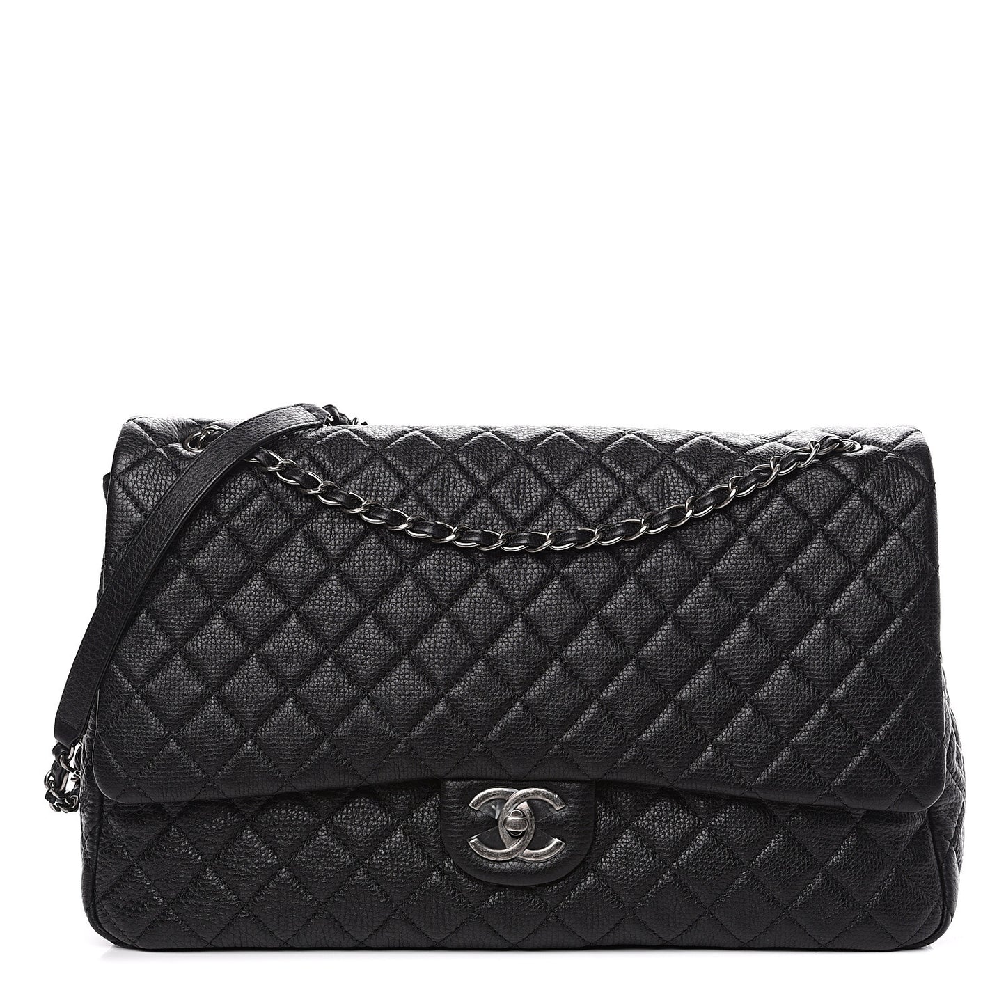 Calfskin Quilted XXL Travel Flap Bag Black