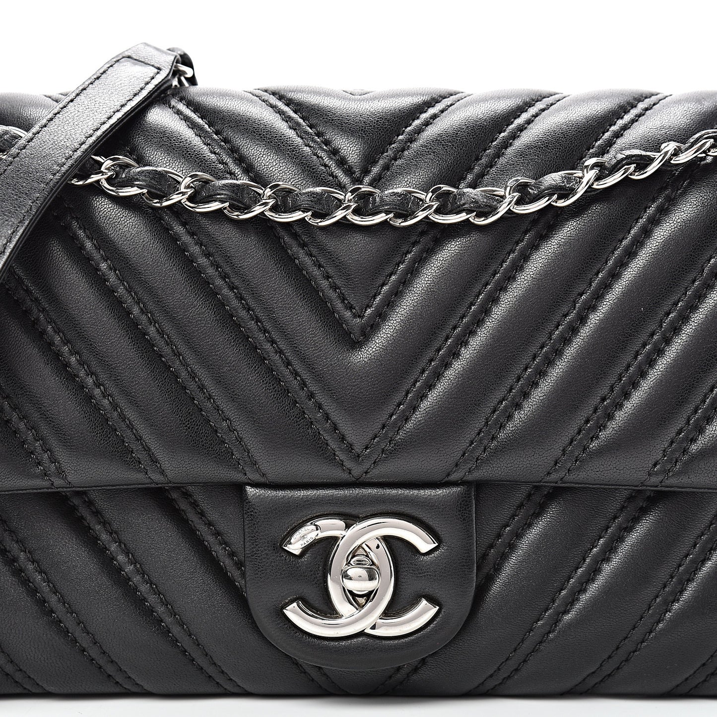 Lambskin Chevron Double Stitch Medium Single Flap Black