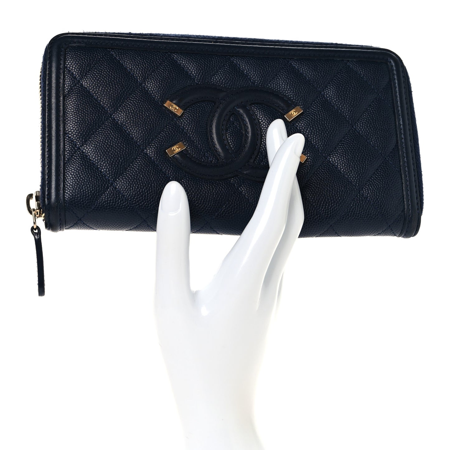 Caviar Quilted Filigree Zip Around Wallet Navy
