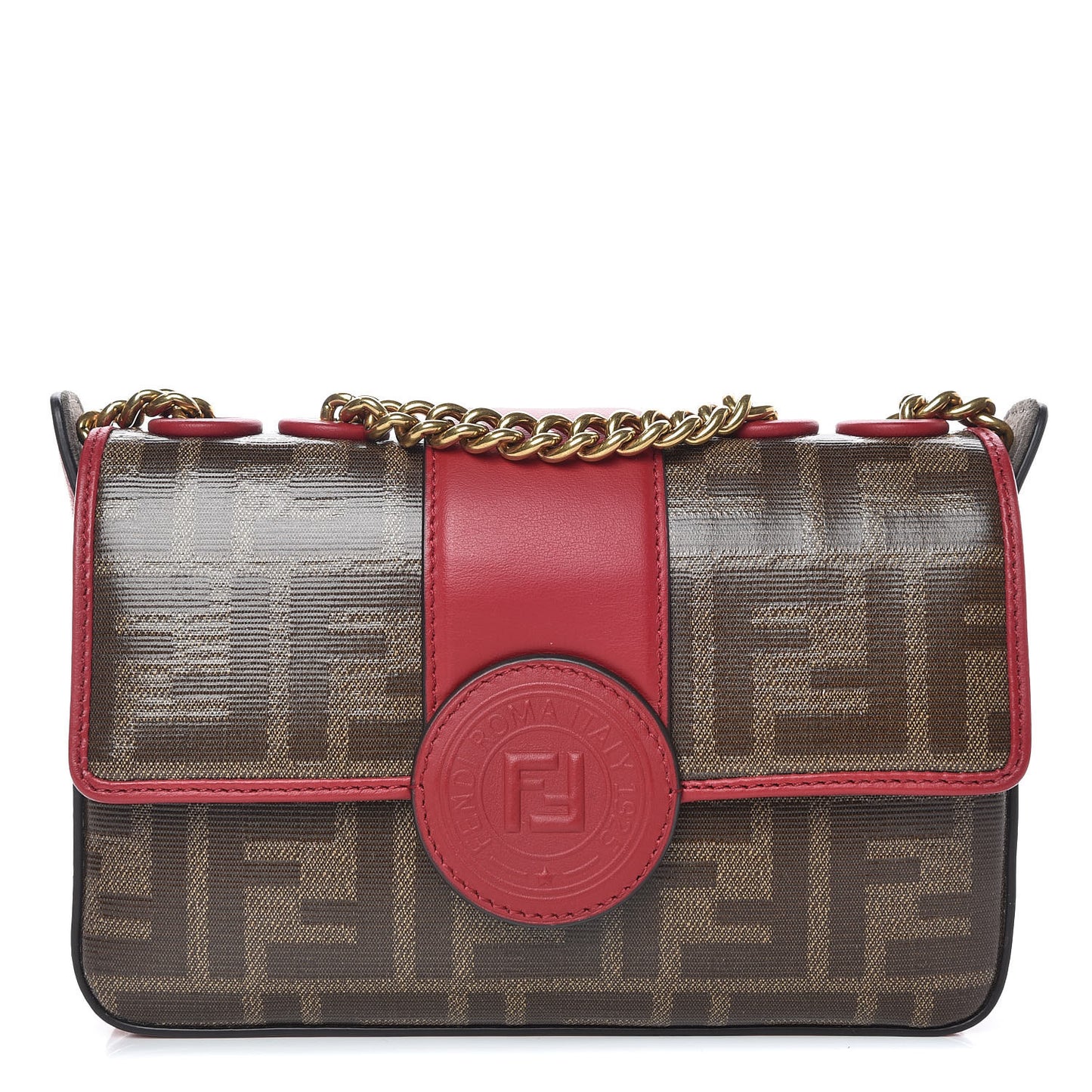Glazed Fabric Vitello Century FF 1974 Stamp Patch Mini Double F Crossbody Bag Mogano Panna Fragola