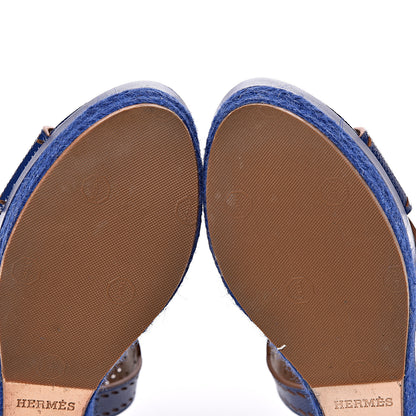 Hermes Patent Epsom Perforated Espadrille Wedge Sandals 36.5 Bleu Saphir 10 of 10