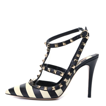 Valentino Garavani Calfskin Striped Rockstud Ankle Strap 100mm Pumps 37.5 Light Ivory Black 1 of 6