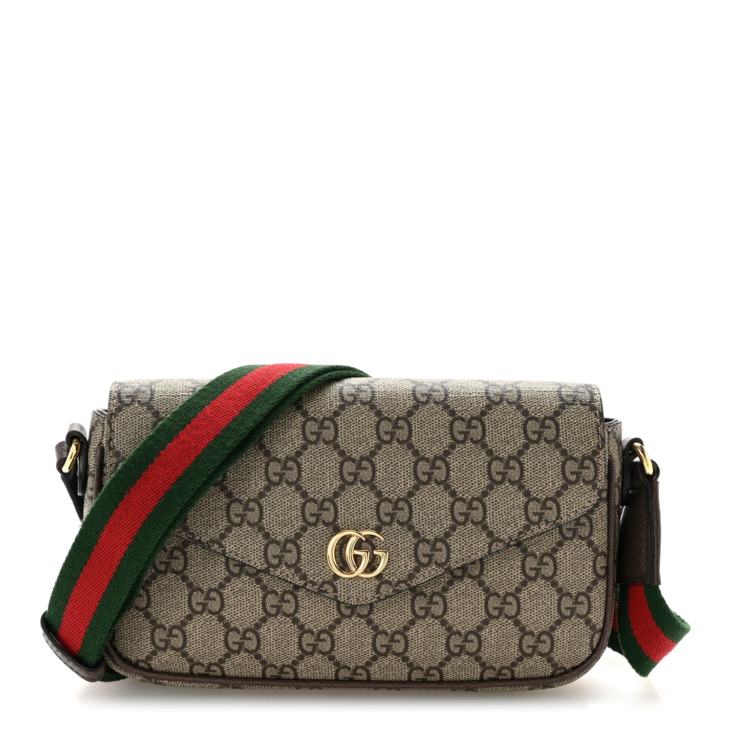 Gucci GG Supreme Monogram Textured Dollar Calfskin Web Mini Ophidia Envelope Shoulder Bag Beige Ebony New Acero 1 of 12