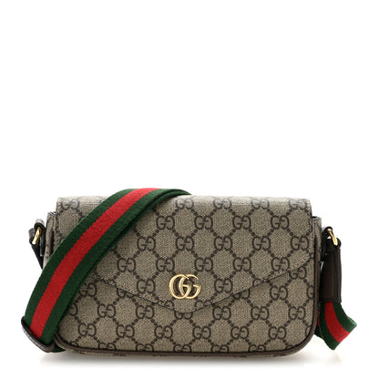 Gucci GG Supreme Monogram Textured Dollar Calfskin Web Mini Ophidia Envelope Shoulder Bag Beige Ebony New Acero 1 of 12
