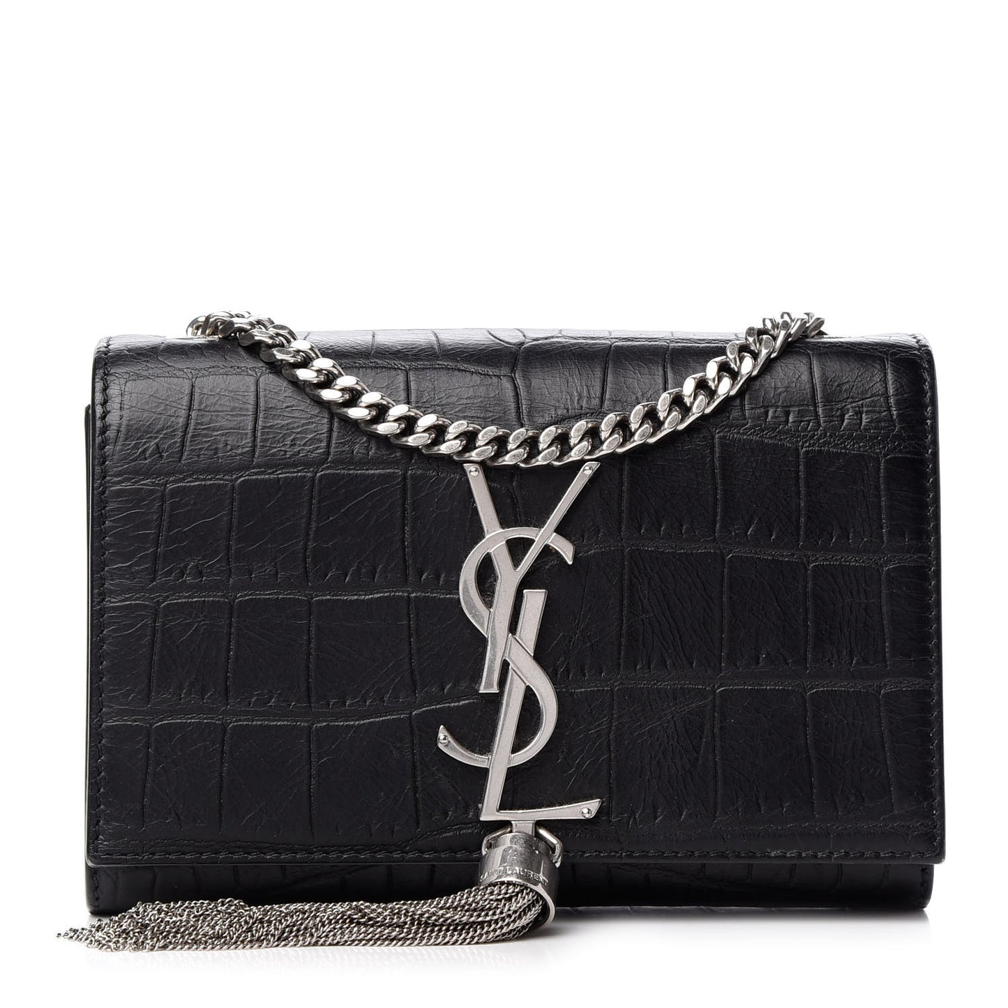 Calfskin Crocodile Embossed Monogram Small Kate Tassel Satchel Black