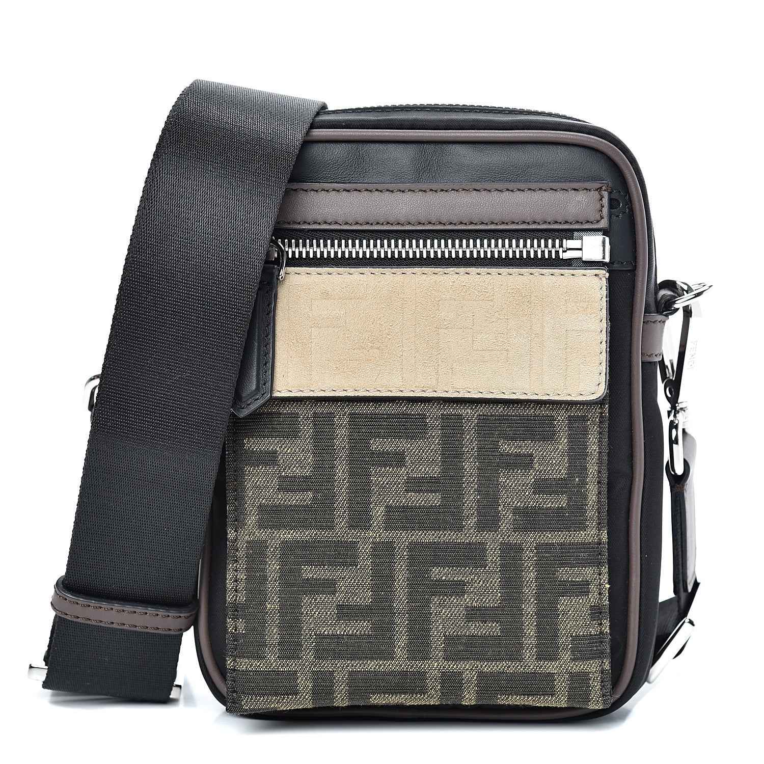 Fendi Nylon Fabric Jacquard Chamois FF 1974 Medium Crossbody Messenger Black Nuvola 1 of 11