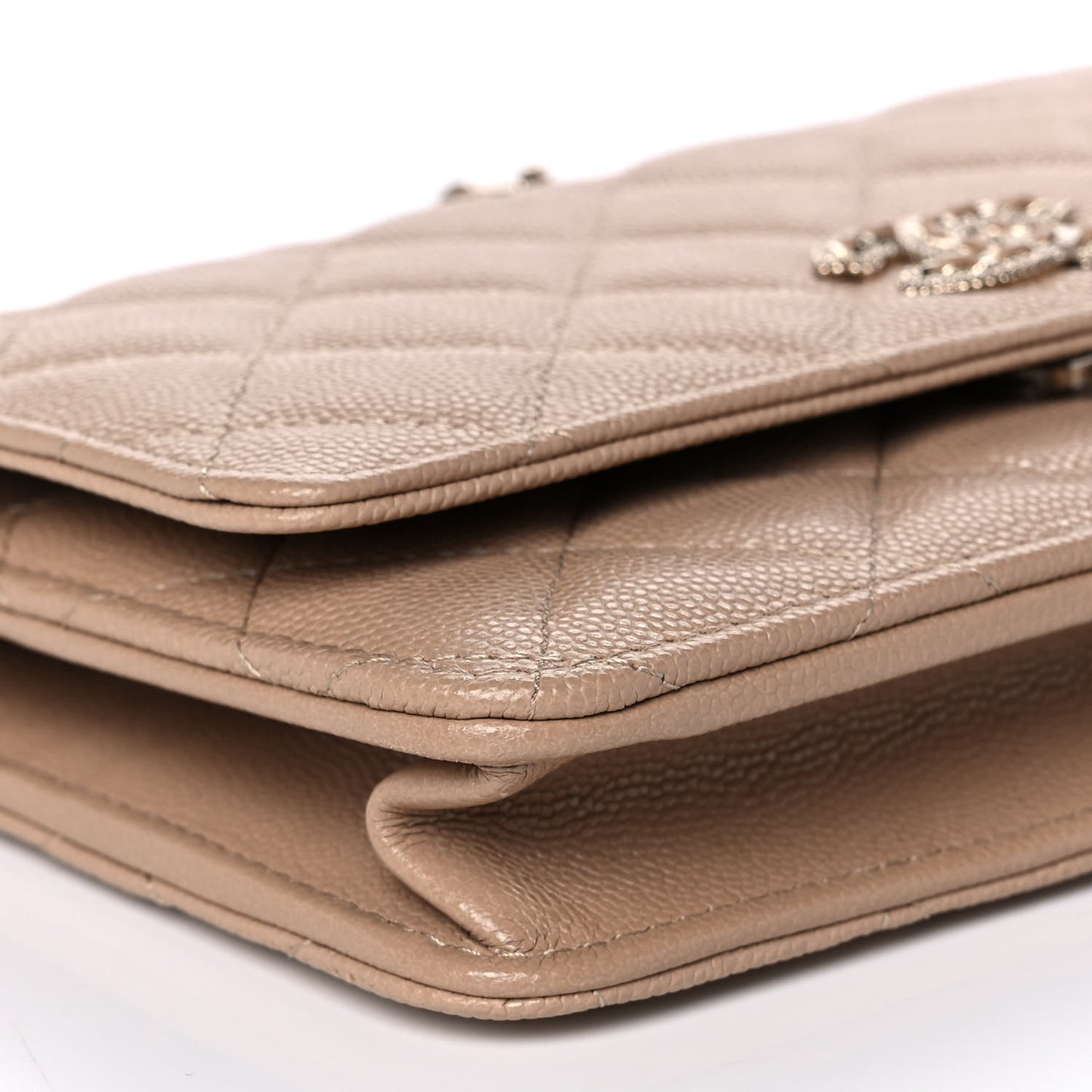 Caviar Quilted Crystal CC Wallet On Chain WOC Beige
